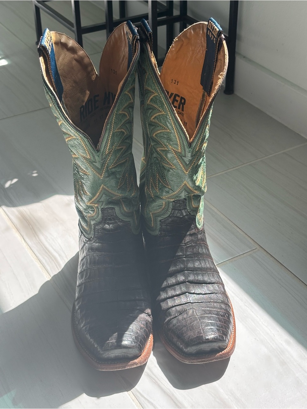 Men's Black Exotic Leather Western Boots with Green Embroidered Shaft